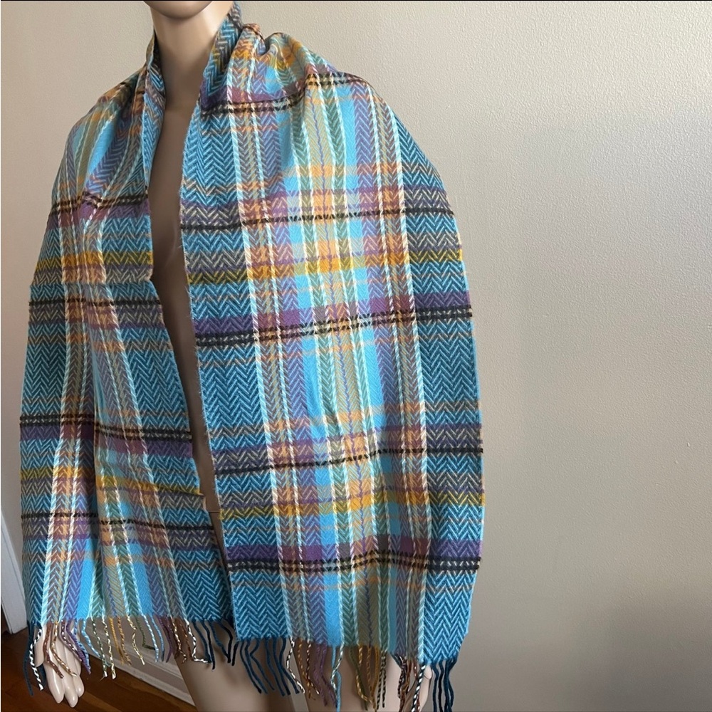 100% Cashmere Scarf Blue Multicolored Winter Made in Scotland - Picture 6 of 8